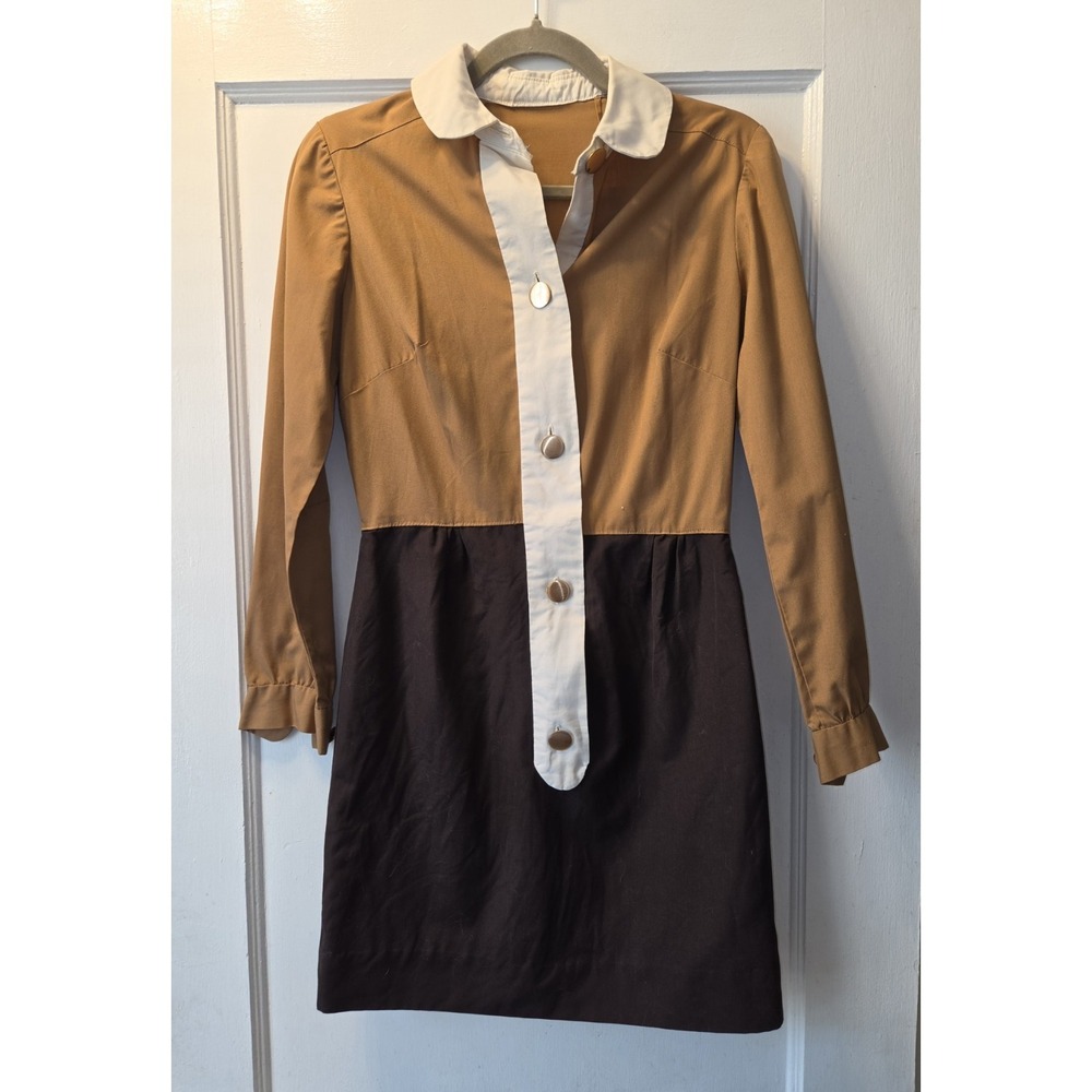 True Vintage 70's Brown Tan Colorblock Mini Dress. Long Sleeves Brass Buttons. S
